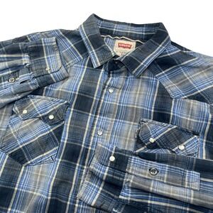 LEVIS Western Pearl Snap Shirt Mens XL Blue Grey Plaid Long Sleeve Cowboy Modern
